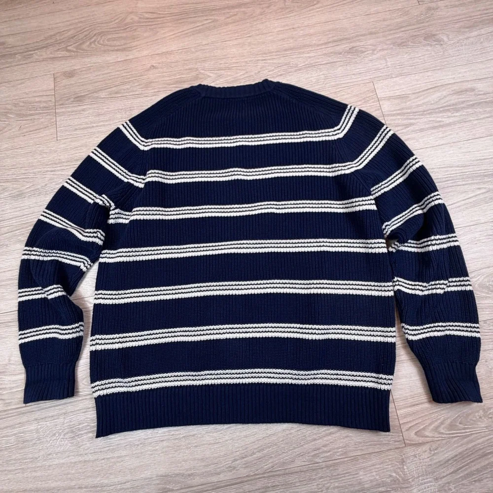 Lands End Drifter Mens XL Navy Blue‎ White Striped Shaker Knit Cotton Sweater - Picture 5 of 7